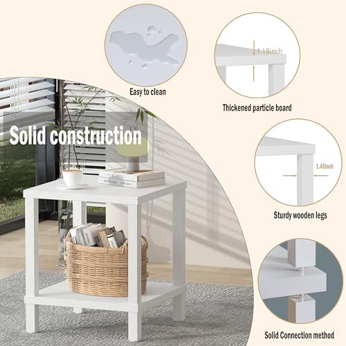 MMEOLUOOK Large End Table Square Side Table Modern Sofa Table 20 Inch Industrial Coffee Table NightStand with 2-Tier Storage Shelf for Living Room Bedroom White MLBZ06W - Image 5