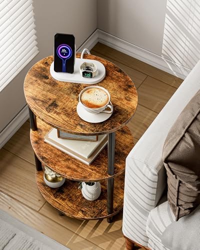 Small Round Side Table - 3-Tier Oval Accent Table for Small Spaces, Rustic Wood and Metal Nightstand for Living Room or Bedroom, with Built-in USB Ports and Power Outlet, Rustic Brown - Image 4