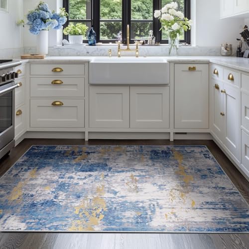 RELEANY Washable 4'x6' Abstract Area Rug for Living Room Blue Gold - Image 3