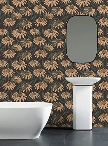 HAOKHOME Vintage Peel and Stick Wallpaper Floral Brown/PeachPuff/Green Daisy Wall Decor Home Bathroom Boho Decor 17.3in x 9.8ft - Image 5
