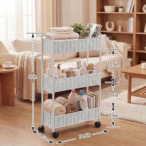 FOCHIER F Utility Slim Storage Cart,3-Tier Rolling Kitchen Office Laundry Room Cart,Mobile Shelving Unit Organizer for Living Room Bathroom Baby Diaper Narrow Places (White, UC-White-7.1inch) - Image 3