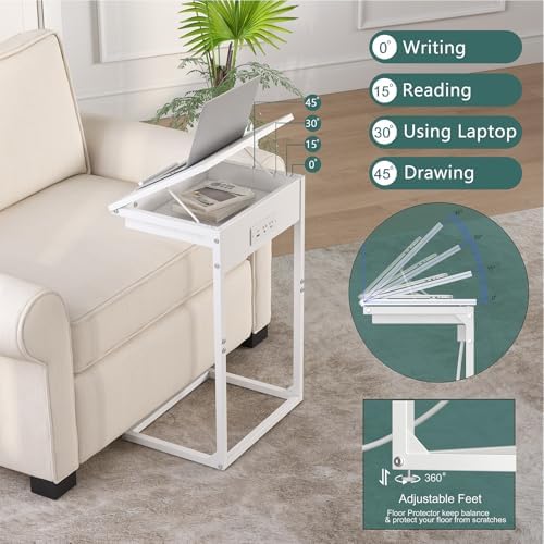 sthmec C Shaped End Table with Charging Station,45° Tiltable Adjustable Flip Top Side Table Set of 2,Small C Table Set 2 for Small Spaces,Slide Under Couch Sofa Bedside Table Living Room,White - Image 6