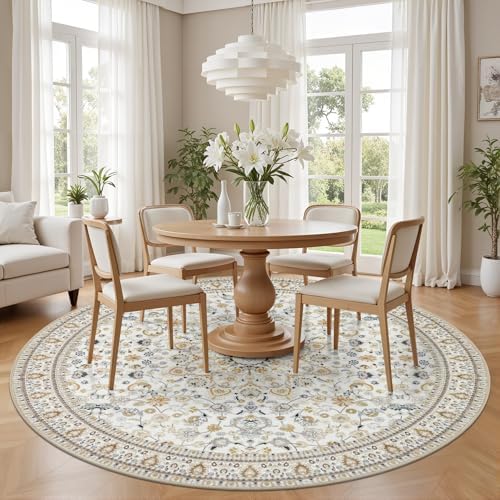 Round Area Rug for Living Room: 4ft Washable Rug for Bedroom Beige - Image 3