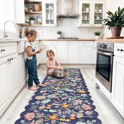 Washable Non-Slip Runner Rug 2x8: Water-Resistant Floral Kitchen Rug Indoor Low Pile Floor Mat for Living Room Bedroom Dining Room Ultra Soft Stain-Resistant Carpet for Pets Kids Family(2x8,Purple) - Image 2