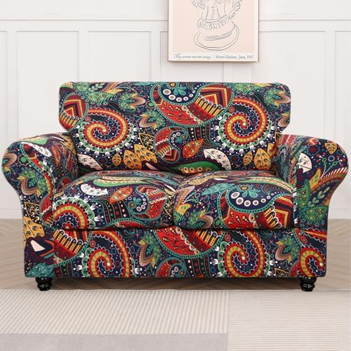 SearchI Stretch Sofa Cover Printed Couch Cover, Floral Pattern 3 Pieces Loveseat Slipcover with 2 Separate Cushion Cover, Washable Furniture Protector for Living Room(Loveseat, Paisley Pattern) - Image 2