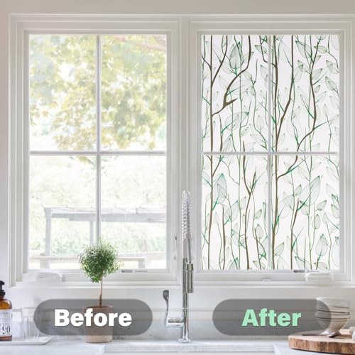 Donox Frosted Glass Window Film Heat Control UV Blocking, Static Cling Reusable Home Bathroom Door Window Privacy Film, Green Leaf Pattern Window Covering with Installation Tool, 23.6 in x 6.5 feet - Image 4
