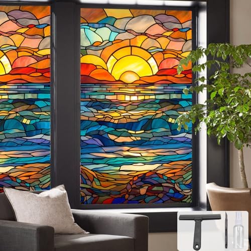 Window UV Protection Privacy Film:Non-Adhesive Static Cling Decorative Window Film with Installation Tools,Stained Glass Window Film for Kitchen,Study,Bathroom,and Shower Doors,17.7 x 39.4 inches. by SIMPASTE