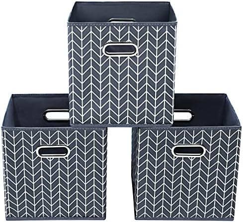 11 Inch Cube Storage Bins , Fabric Cube Organizer Bins with Handle, Foldable Cube Bins for Cloth or Accessary Storage, 11x11x11 Set of 3 (Gray Wave) by Yunkeeper