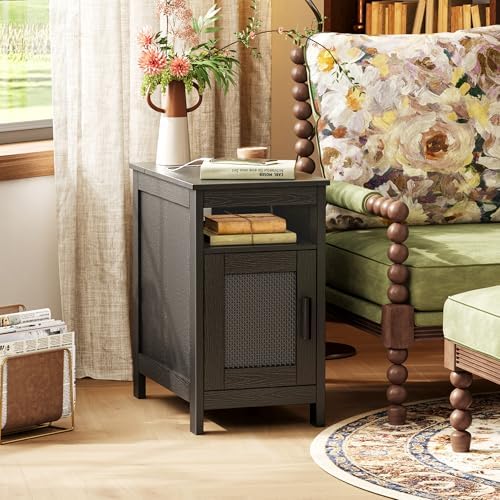 Huuger Narrow Night Stand Set of 2, End Table with Charging Station, USB-C Port, Rattan Side Table with Cabinet and Open Shelf, Synthetic Rattan, for Small Spaces, Bedroom, Black - Image 7