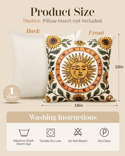 Embroidered Throw Pillow Cover 18x18 Inch, Sunflower Moon - Image 4