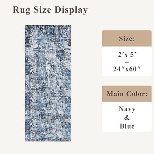 2x5 Washable Kitchen Runner Rug – Non-Slip Rubber Backing Low-Pile Soft Small Rug for Hallway Bathroom Bedroom Entryway Laundry Room – Modern Neutral Abstract Thin (Navy Blue) - Image 2