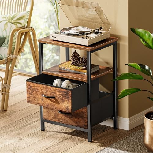 Huuger Night Stand with 2 Drawers, Bed Side Table with Open Shelf, Wooden Top, Nightstand for Bedroom, End Table for Small Space, Fabric Drawer, Rustic Brown - Image 2