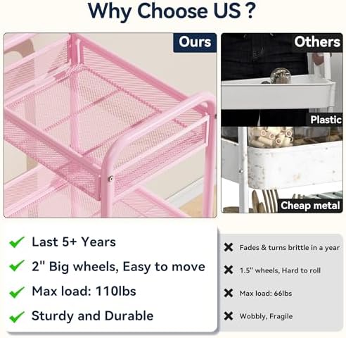YASONIC 3 Tier Metal Rolling Cart, Pink Utility Storage Cart with Wheels - Image 3