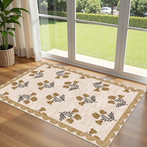 3x5 Floral Entry Rug - Small Washable Indoor Outdoor Mats for Front Door Non-Slip Porch Rug Beige Vintage Farmhouse Throw Rugs for Living Room Bedroom Entryway Kitchen Office Porch Decor by Othilic