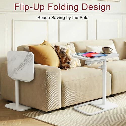GOYLSER Adjustable Height Sofa C Table, 360° Swivel/180° Flip-Over Panel Side Table with Tablet Slots for Small Spaces, Morden TV Tray Couch Tables for Dinner Eating (White Marble) - Image 5