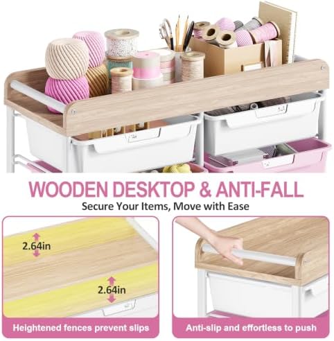 10 Drawers Rolling Cart with Wooden Tabletop, Utility Storage Cart with Wheels, Art Supply Craft Organizer on Wheel with Metal Frame & Handles for Home Office School,Pink - Image 4