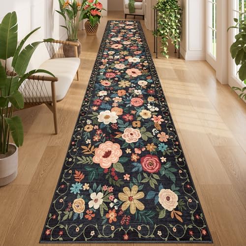 DUKINO 2.6x14 Washable Runner Rug, Floral Non Slip Long Runner Rug, Black by DUKINO