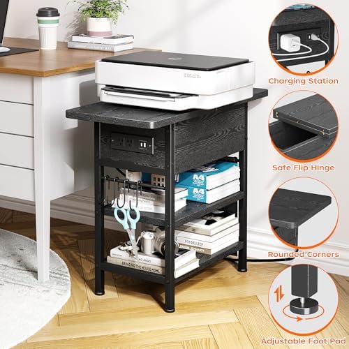End Table with Charging Station, Flip Top Nightstand with USB Ports and Outlets,Couch Side Table with Fabric Bag and Hooks, Bedside Table for Space Saving, Living Room, Bedroom (Black) - Image 6