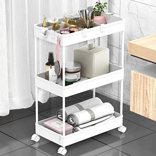 SPACELEAD 3 Tier Rolling Cart with Wheels, Storage Craft Art Trolley Organizer Serving, 3 Hanging Baskets Easy Assembly, for Office, Bathroom，Living Room, Kitchen, White by Home