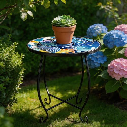 Small Mosaic Outdoor Side Table, 10-Inch Round Metal Patio Table - Image 5