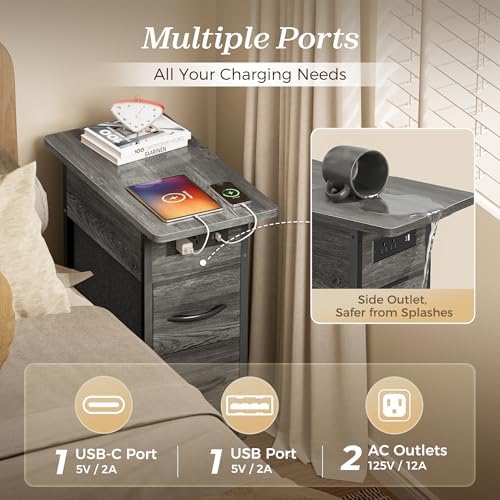 Huuger Narrow End Table with Charging Station, Side Table with 2 Drawers - Image 5