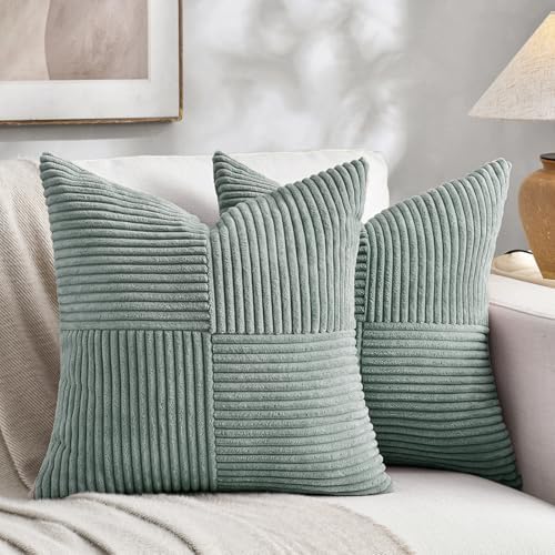 Fancy Homi 2 Packs Grey Blue Samll Decorative Throw Pillow Covers 14x14 Inch with for Couch Bed Sofa, Rustic Farmhouse Boho Home Decor, Soft Corss Patchwork Corduroy Square Cushion Case 35x35 cm by Fancy+Homi