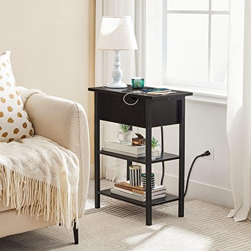 HOOBRO Side Table, Flip End Table with Charging Station and Shelves, USB Ports & Power Outlets, Narrow Nightstand for Small Spaces, Stable and Sturdy, for Living Room, Black BK341BZ01 - Image 2