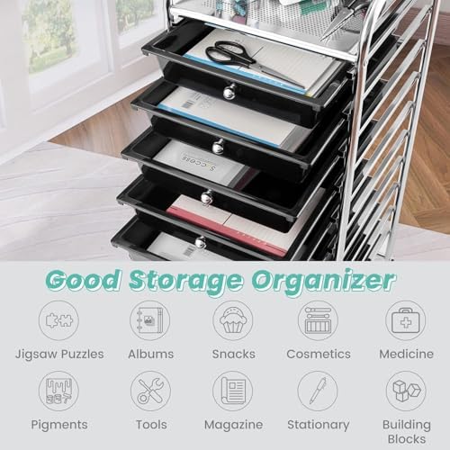 10-Drawer Rolling Storage Cart, Trolley w/Lockable 360° Wheels, 10 Removable PP Drawers, Sturdy Metal Frame, Rolling Utility Cart Perfect for Home, Office, Classroom (Black) - Image 4