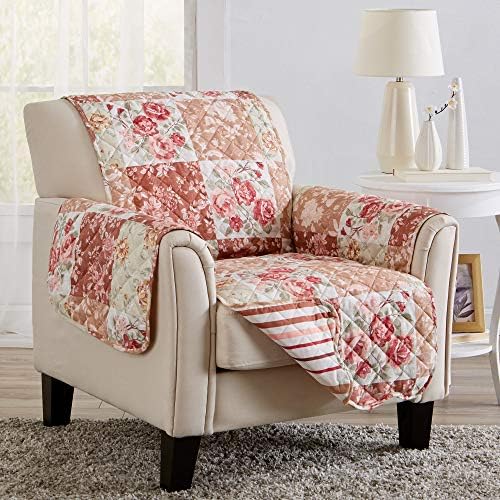Great Bay Home Reversible Floral Patchwork Chair Furniture Protector - Machine Washable, Scalloped Edge, Stain Resistant, Printed Furniture Cover for Dogs, Kids, and Pets (Burgundy/Taupe). by GreatBayHome