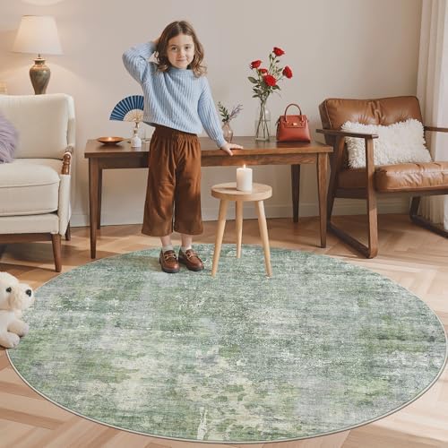 Soalmost Abstract 6x6 Round Rug 6ft Circle Living Room Rugs, Green/Ivory - Image 3