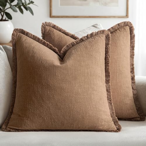 MIULEE Linen Fringe Decorative Fall Euro Throw Pillow Covers Brown 26x26 by MIULEE