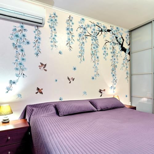 Cherry Blossom Tree Wall Decals with Birds, Large Removable Peel and Stick Flower Wall Stickers for Girls Room, Bedroom, Living Room Decor, 61.81 x 50.39 Inch, 4 Sheets (Blue) - Image 6