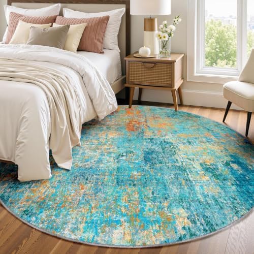 RELEANY Washable Round 8ft Area Rug for Living Room Teal Multi by RELEANY