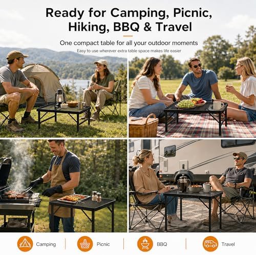 Folding Grill Table Camping Table with Mesh Desktop, Lightweight & Portable Outdoor Picnic Table, Height Adjustable Portable for Outside Inside Use - Image 6