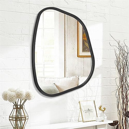 Black Asymmetrical Mirror Large 26"x18" Irregular Oval Wall Mirror Modern Wood Frame Unique Shape Wall Mounted Vanity Artistic Mirror Decorative for Living Room Bedroom Bathroom Entryway Hallway - Image 2