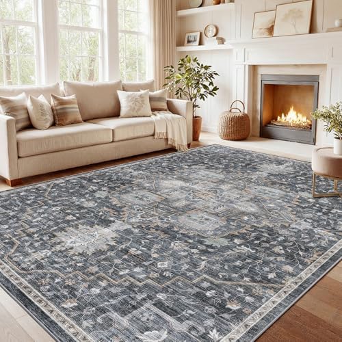AMADA HOMEFURNISHING 8x10 Washable Area Rug, Low-Profile Large Area Rug with Non-Slip Backing & Durable Edge Binding, Vintage Large Rugs for Living Room, Bedroom, Dinning Room by AMADAHOMEFURNISHING