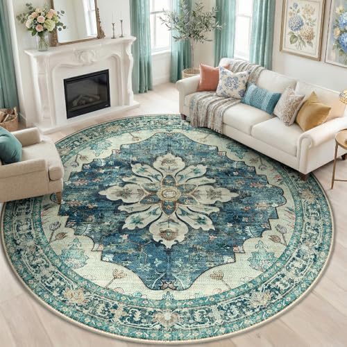 RELEANY Washable Area Rug, Round 8ft, Blue/Vintage Dark Blue by RELEANY