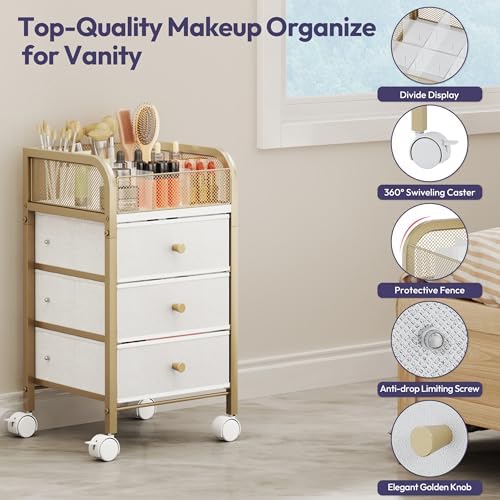 SWTYMIKI Rolling Makeup Organizer Cart - Under Desk Vanity Makeup Storage with 3 Non-woven Drawers, Nail Cart Organizer Cosmetic Display Cases Cabinet for Skin Care Perfume Nail Polish Brush Hair Tool - Image 7