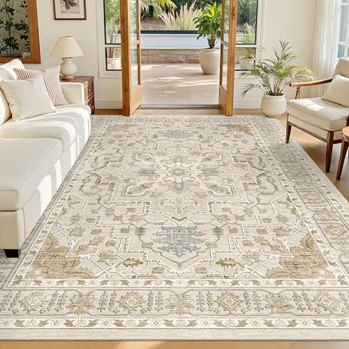 Madane 5x7 Area Rugs for Living Room, Non-Slip Washable Rug, Beige/Blue by Madane