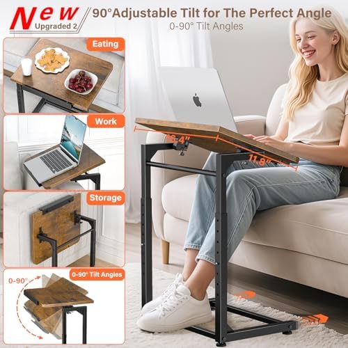 Tv Tray Table Set of 2, 8-Level Adjustable Height Couch Side Table，90° Tilt Angle Adjustments C-Shaped End Table, with Phone & Tablet Slot Sofa Computer Desk for Couch, Sofa, Bed, Chair, Living Room - Image 4