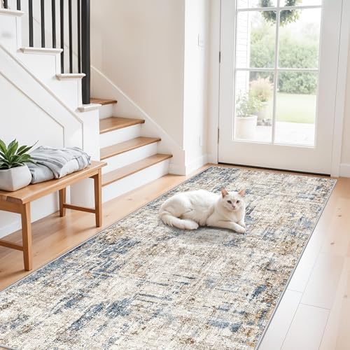 3x8 Washable Non-Slip Runner Rug Modern Abstract Neutral Wide Carpet Runner for Kitchen, Hallway, Entryway, Bathroom, Bedroom Low-Pile Thin Floor Mat (Blue Brown) by ZHXXUJ