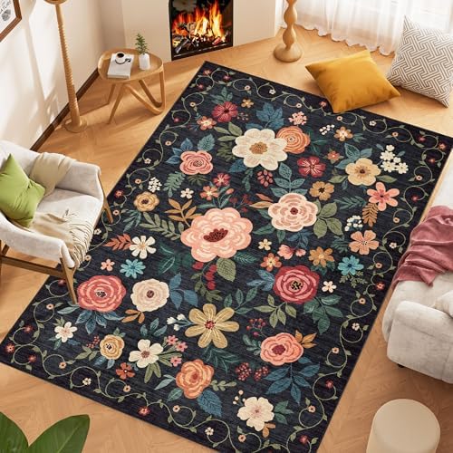 DUKINO 6x9 Area Rugs, Floral Washable Rug for Bedroom Non Slip, Black - Image 6