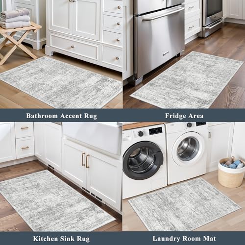 Washable Rug 2x3 for Entryway, Small Non-Slip Kitchen Throw Mat for Sink, Soft Low-Pile Stain & Fade-Resistant Indoor Mat for Pet Area & Bathroom (Grey/Ivory) - Image 3
