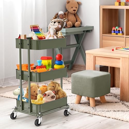 Simple Houseware 3-Tier Utility Cart, Low 24" Height Fits Under Desk, Green - Image 5