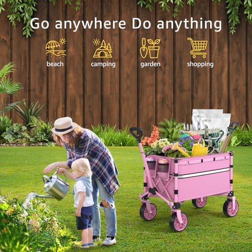 ROSONG Collapsible Wagon Cart with Wheels Foldable - Folding Utility Heavy Duty Wagons Carts for Grocery Sports Garden Shopping Camping Wheelbarrows (Pink, 120L) - Image 2