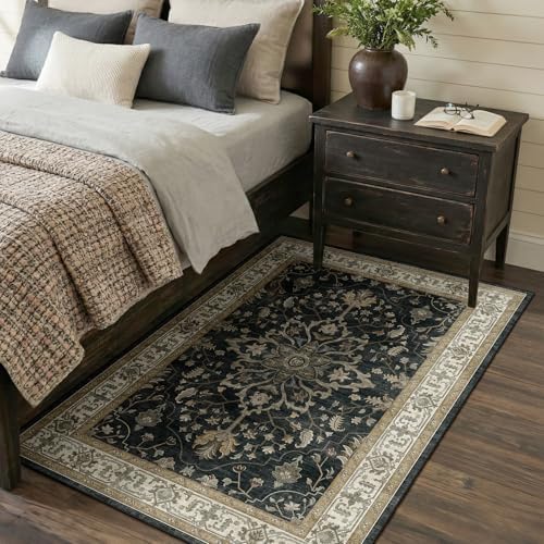 RELEANY Washable Area Rug, 3'x5', Black/Vintage/Beige by RELEANY