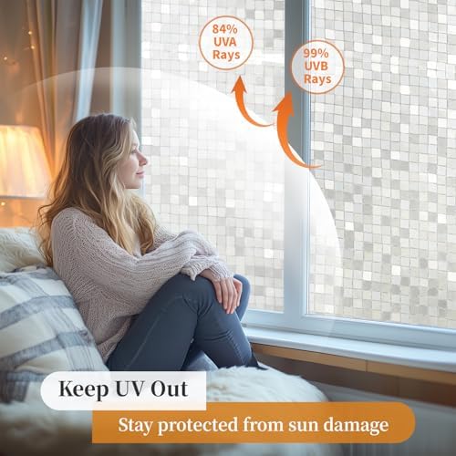 Window Privacy Film Frosted Glass Window Film Decorative, Removable Static Cling Heat Blocking Sun Blocker Front Door Window Covering for Bathroom Home Office (Mosaic, 17.5" x 78.7") - Image 5