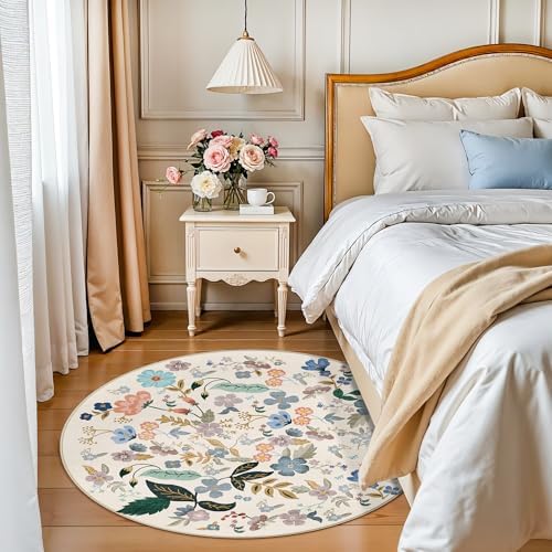 Washable Floral Round Rugs for Bedroom - 4x4 Feet Circle Area Rugs for Living Room Nursery Non-Slip Stain Resistant Ultra Soft Carpet for Teen Girls and Boys Dorms Home Decor Aesthetic(4ft,Cream) - Image 4