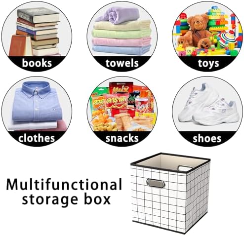 Fabric Cloth Storage Bins,Fabric Cube Organizer with Dual Handles Foldable Cube Storage Baskets for Home Bedroom Storage,Set of 6,(White grid) - Image 3