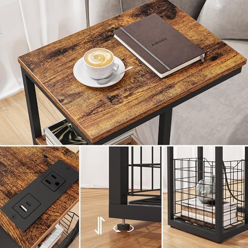 Vagusicc C Shaped End Table with Charging Station, Side Table for Couch, Small Side End Table for Small Spaces, 28" High Slide Under Sofa Table for Coffee, Tv Tray Table for Living Room, Rustic Brown - Image 4